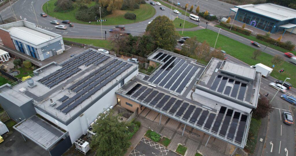 Air view shot of a solar pv installation at Coroner’s Court.