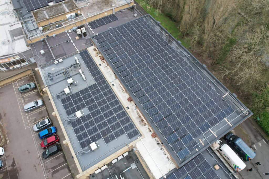 A air view of a commercial solar pv installation.