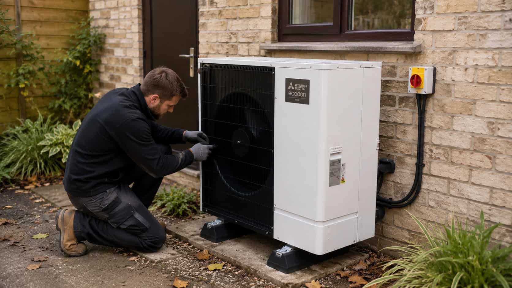 An engineer working on a domestic heat pump