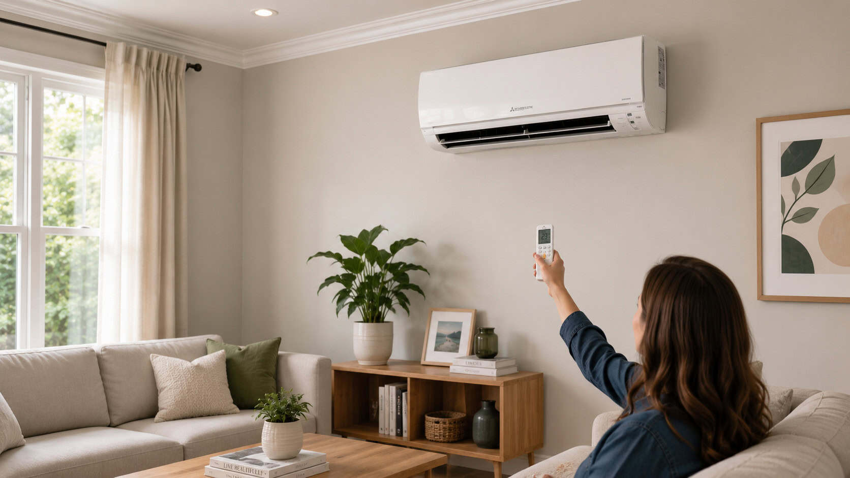 A lady, sat in a domestic lounge, turning on an air conditioning unit.