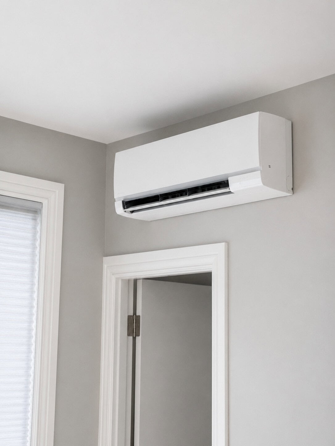 White wall-mounted mini-split air conditioning unit installed high on a light gray wall above a doorway, with a window and white trim visible on the left. The air vent is open, and the room is brightly lit with a clean, modern appearance.