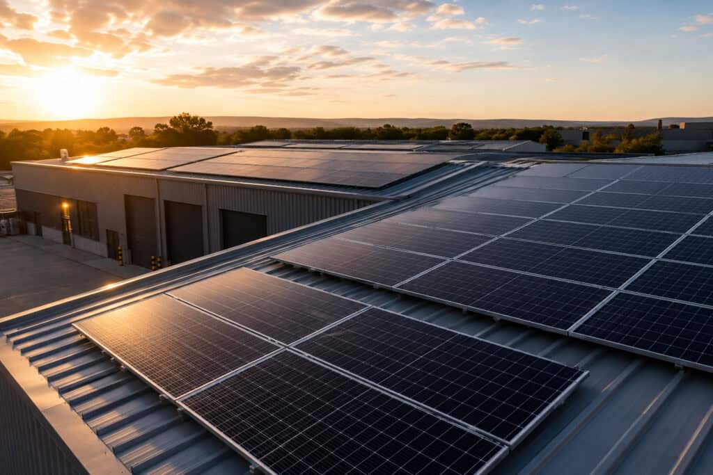 A roof level photo of solar panels on a commercial building at sun set.