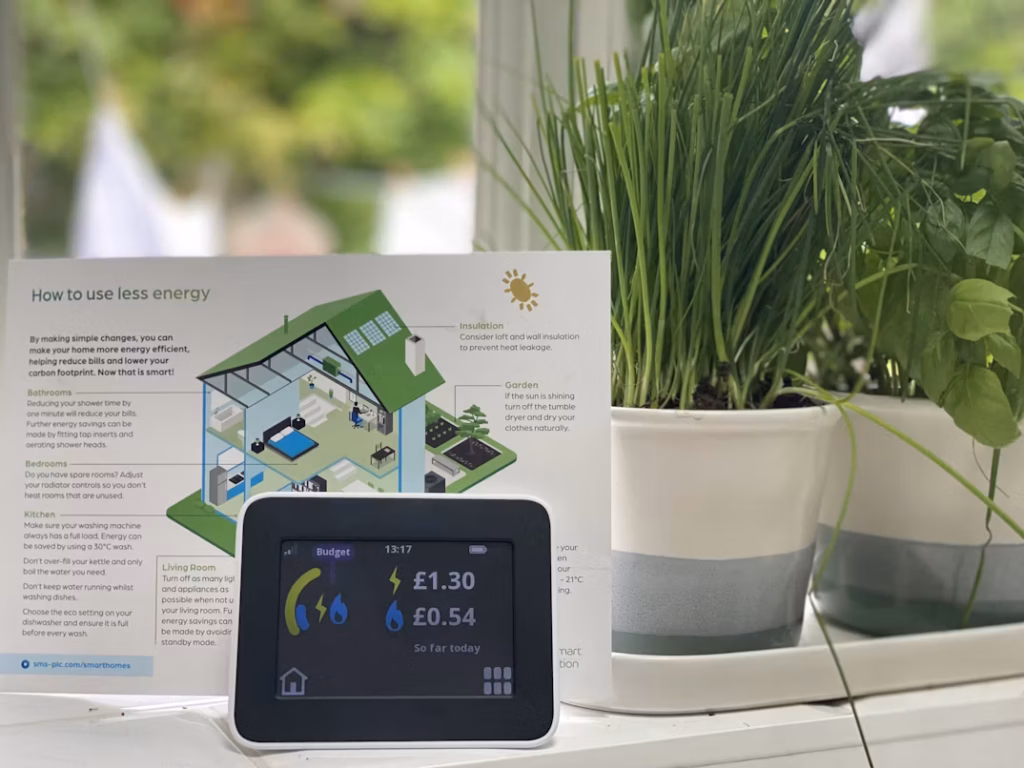 A household energy meter sat on a windowsill next to plants in a pot, with a house diagram behind it.