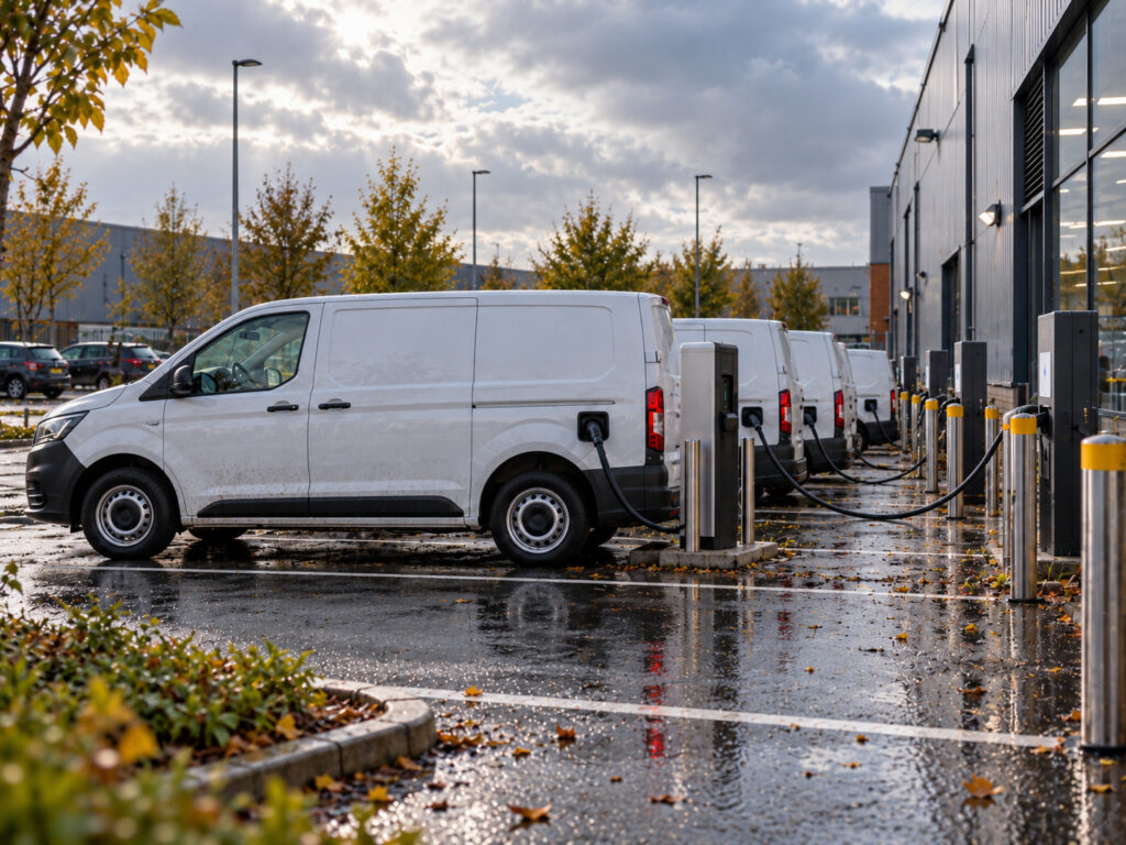 A line of parked electric vans charging outside a commercial building.